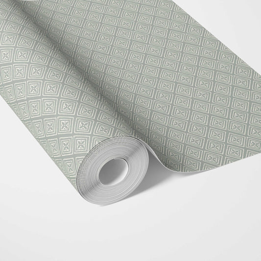 Small Diamond Lattice/ Textured Check Traditional Wallpaper (Green-Gray/ White)