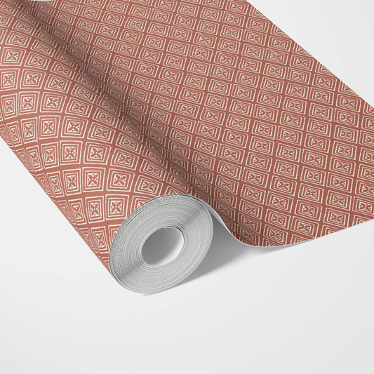 Small Diamond Lattice/ Textured Check Traditional Wallpaper (Terracotta Red/ White)