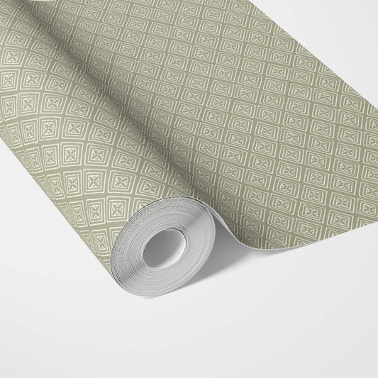 Small Diamond Lattice/ Textured Check Traditional Wallpaper (Olive Green/ White)