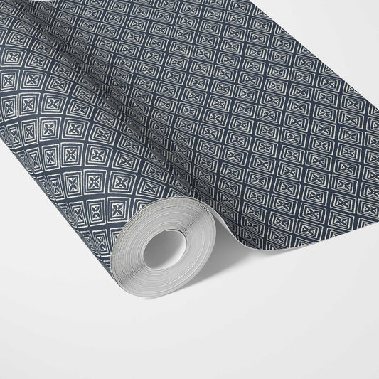 Small Diamond Lattice/ Textured Check Traditional Wallpaper (Midnight Blue/ White)
