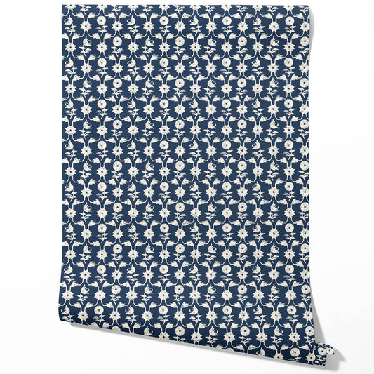 Modern Floral Botanical Traditional Wallpaper (Navy Blue/ White)