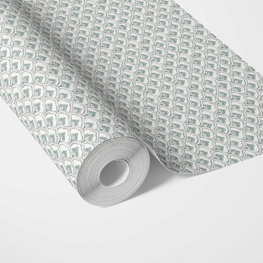Small-Scale Floral Lattice Traditional Wallpaper (Blue-Green/ White)