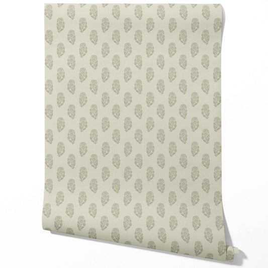 Neutral Botanical/ Floral Block Print Traditional Wallpaper (Olive Gray)