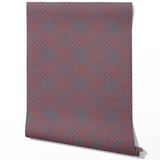 Small Floral Geometric Lattice Traditional Wallpaper (Navy Blue/ Red)
