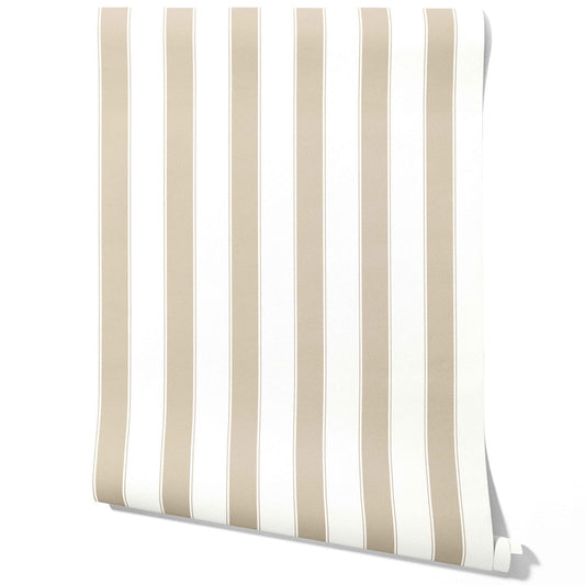Neutral Geometric Striped Traditional Wallpaper (Stone Beige/ White)