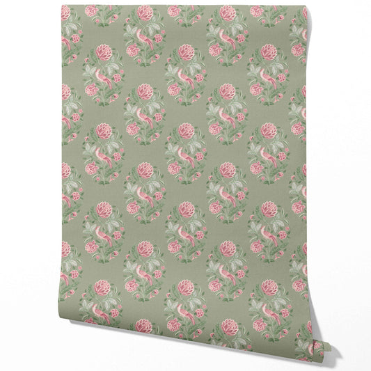 Birds/ Floral Block Print Traditional Wallpaper (Sage Green/ Pink)