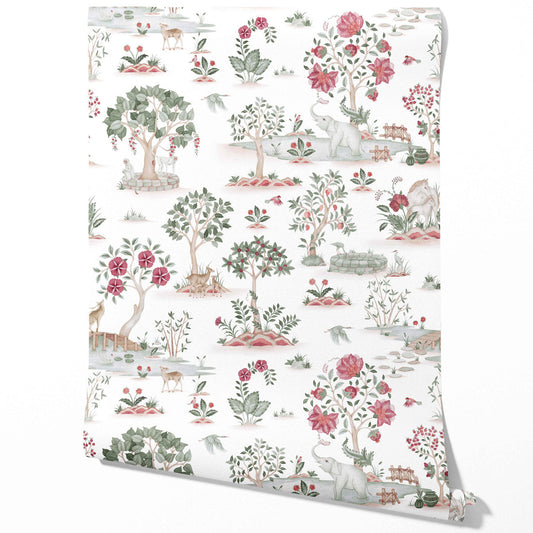 Modern Floral Botanical/ Nature Print Traditional Wallpaper (White/ Pink/ Red/ Green/ Gray)