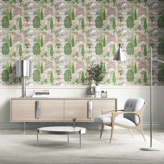 Vintage Heritage/ Ethnic Chinoiserie Traditional Wallpaper (White/ Green/ Pink/ Tan/ Red)