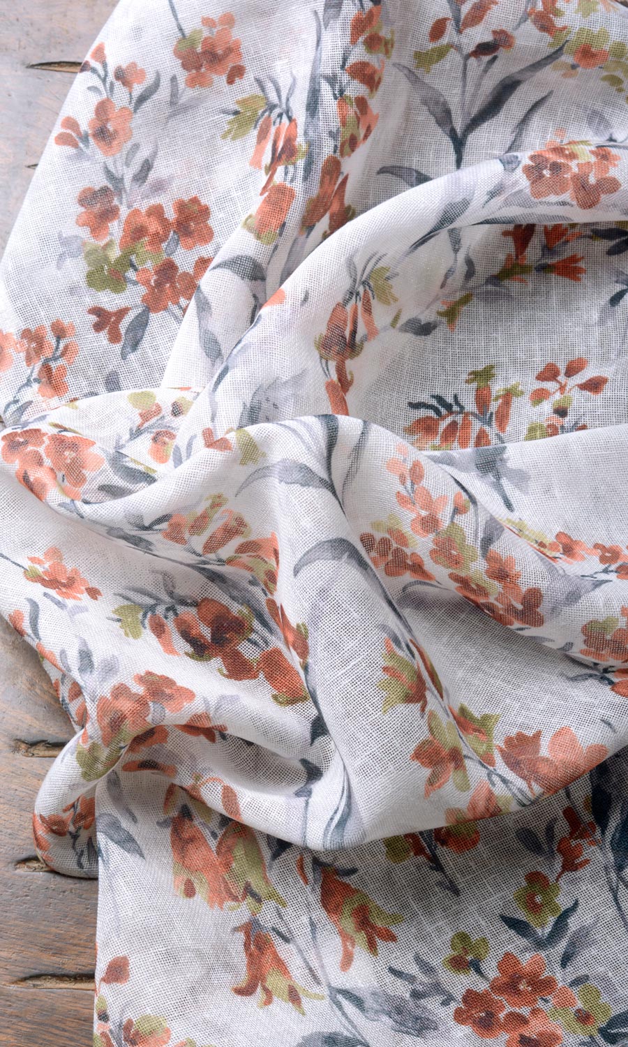 Floral Print Sheer Home Décor Fabric By the Yard (White/ Orange)