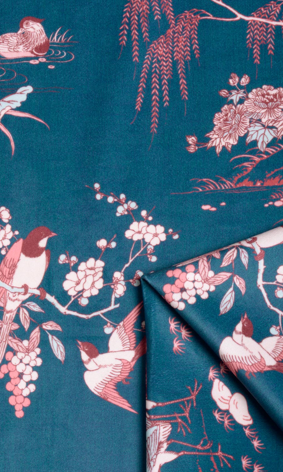 Chinoiserie Toile Velvet Fabric Material By the Yard (Blue/ Pink)