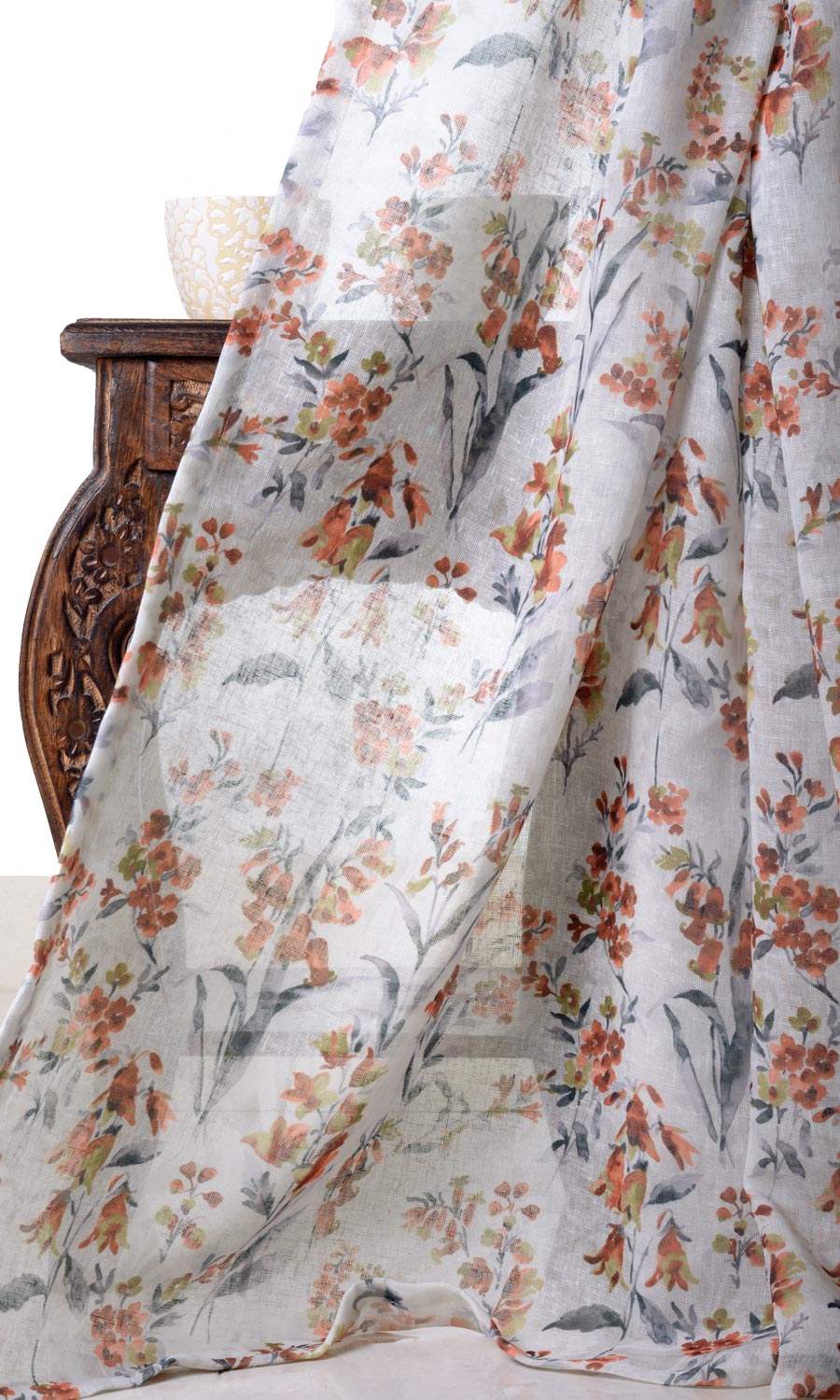 Floral Print Sheer Window Treatments Fabric Sample (White/ Orange)