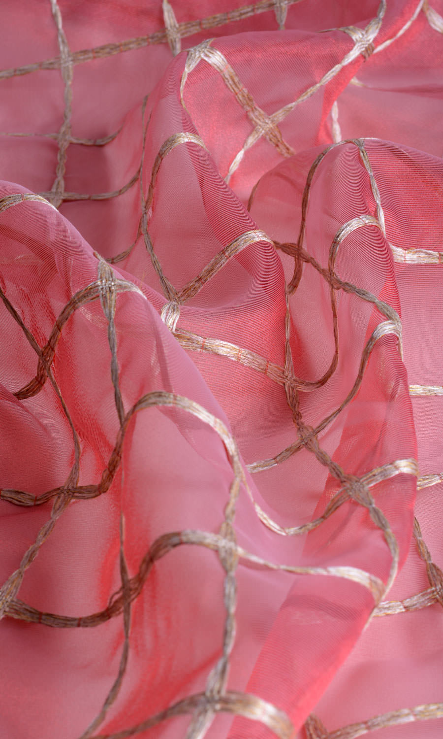 Checked Sheer Fabric Material By the Metre (Coral Red/ Pink/ Gold)