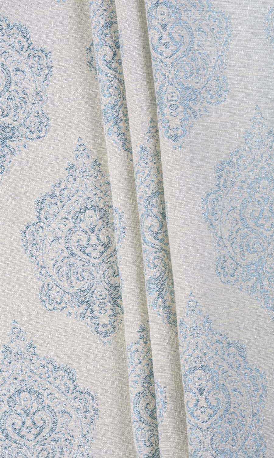 Damask Poly-Cotton Fabric Material By the Yard (White/ Blue)