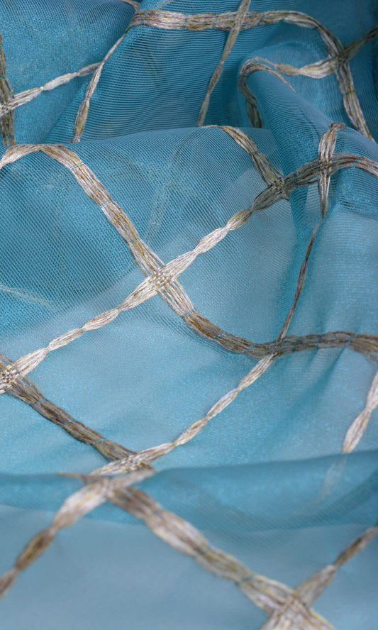 Embroidered Check Sheer Shades (Blue and Gold)