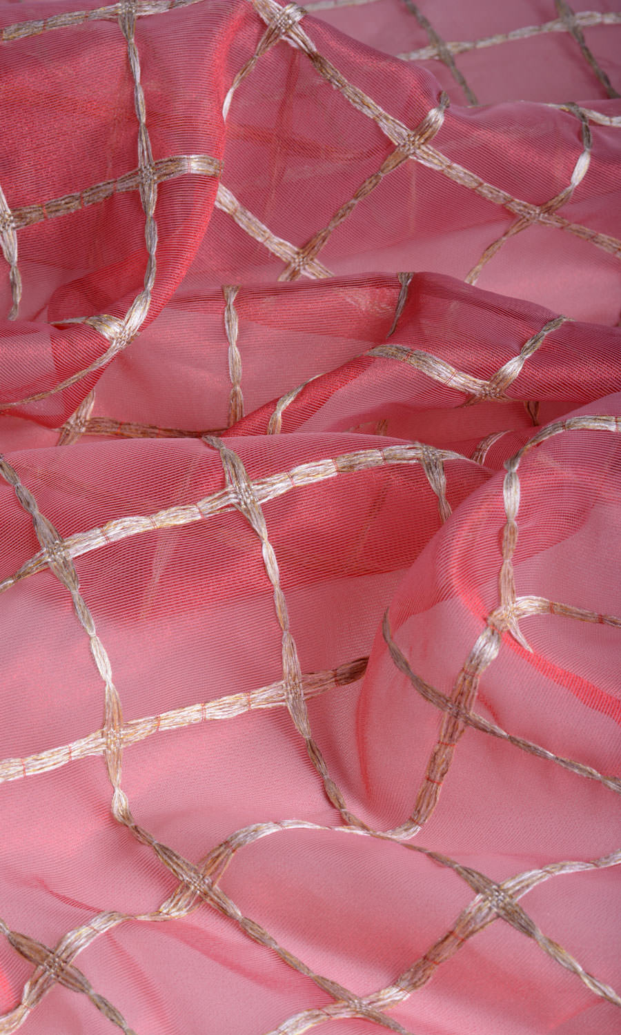 Checked Sheer Home Décor Fabric By the Metre (Coral Red/ Pink/ Gold)
