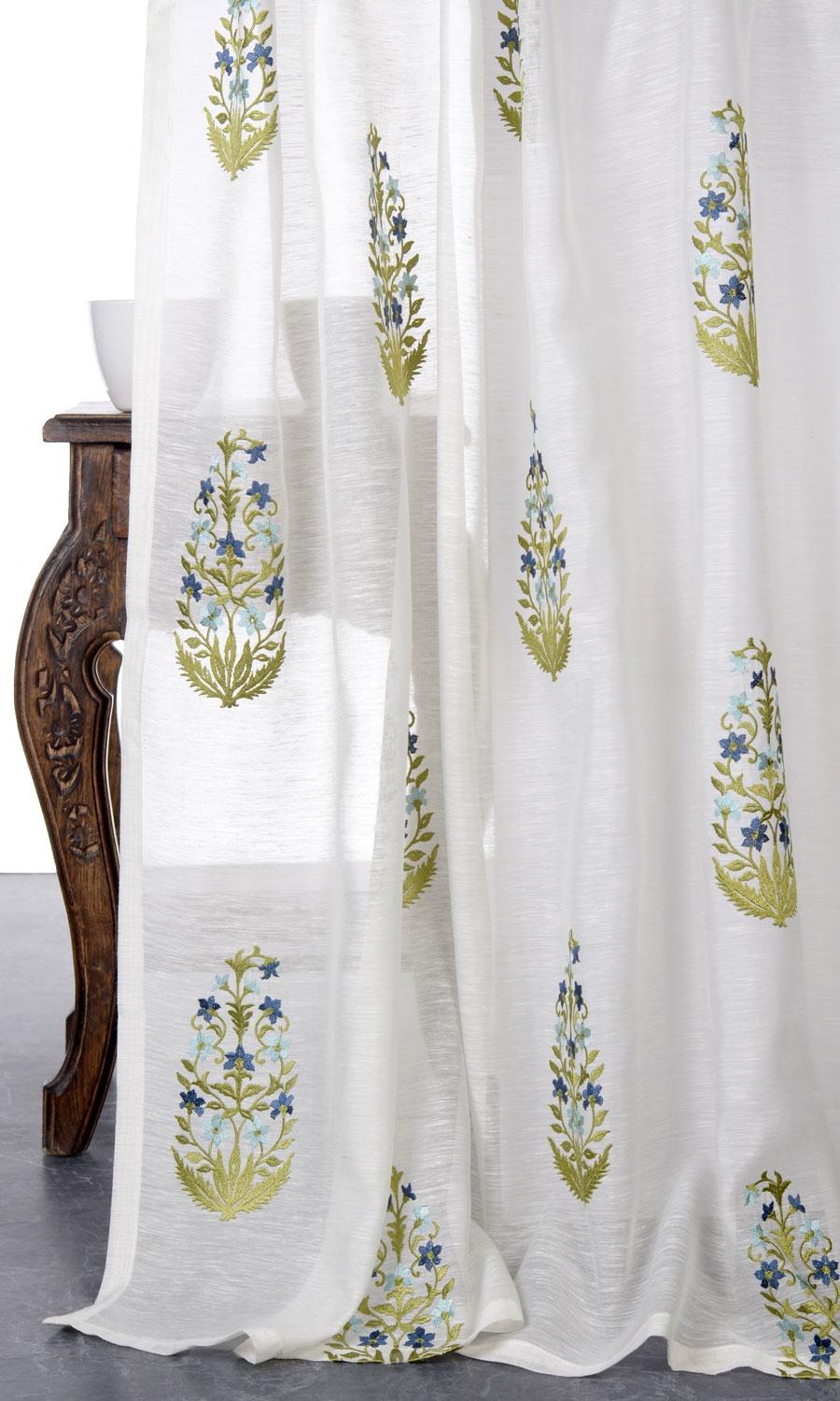 Sheer Floral Paisley Home Décor Fabric By the Yard (White/ Green/ Blue)