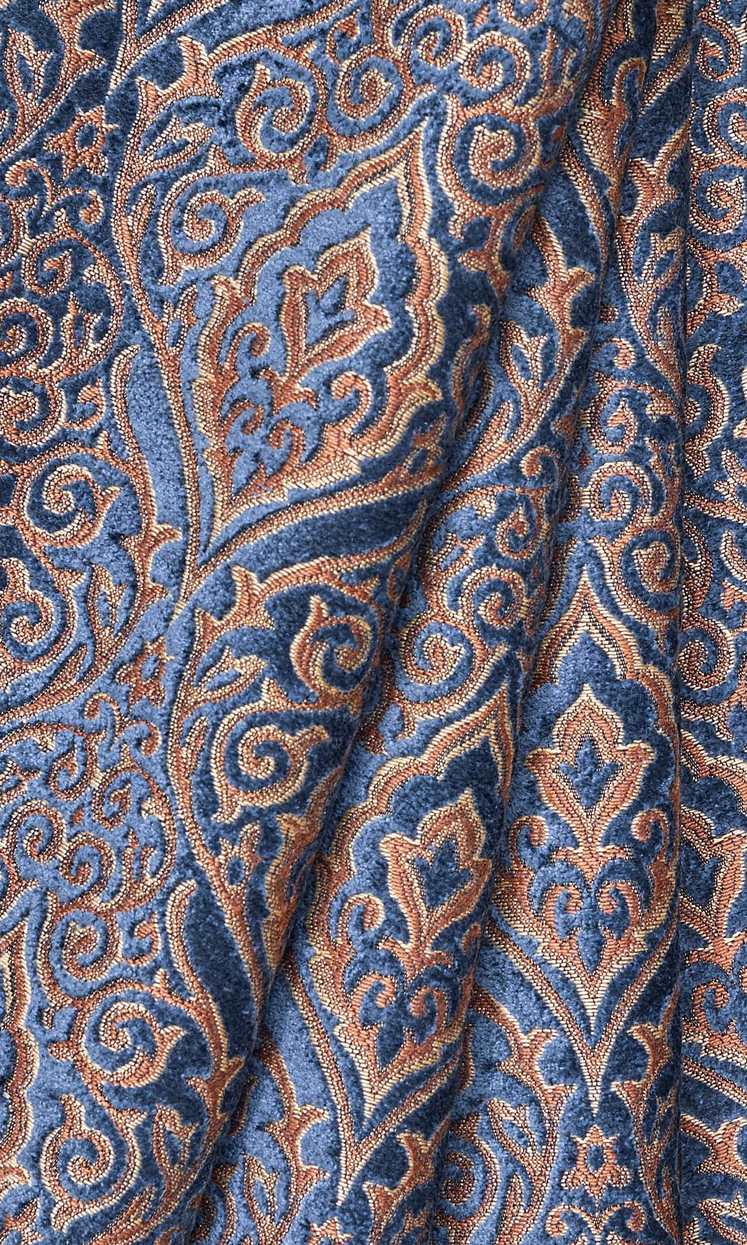 Damask Velvet Window Treatments Fabric By the Yard (Beige/ Blue)