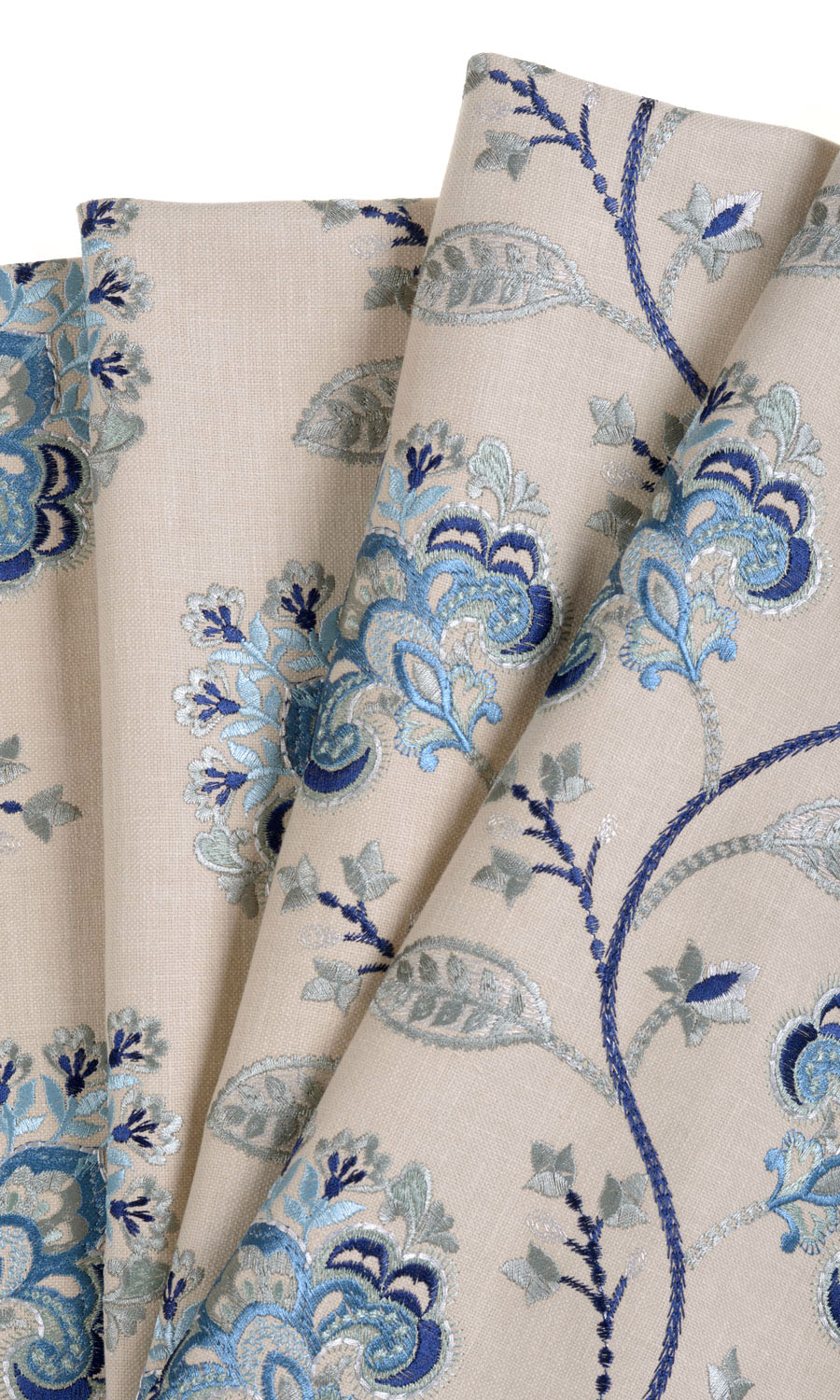 Floral Embroidered Cotton Home Textile Fabric Material By the Yard (Beige/ Blue)