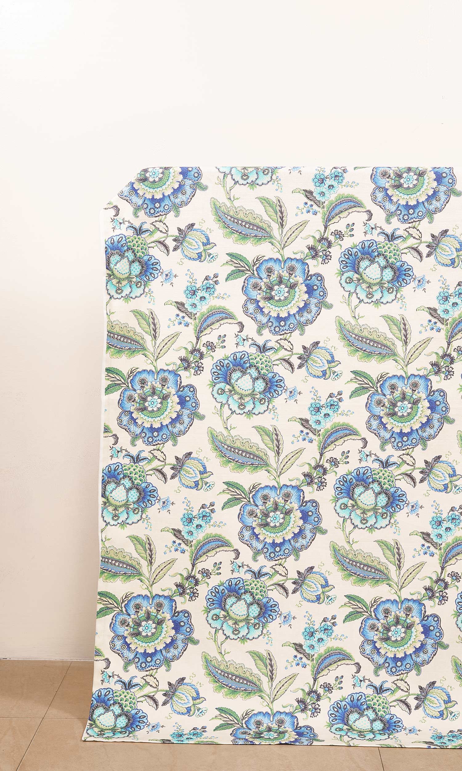 Floral Cotton Window Treatments Fabric By the Yard (Turquoise/ Ultramarine Blue)