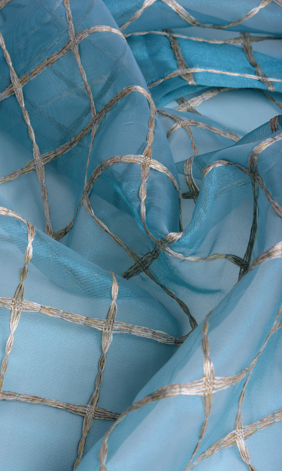 Embroidered Check Sheer Fabric Material By the Metre (Blue and Gold)
