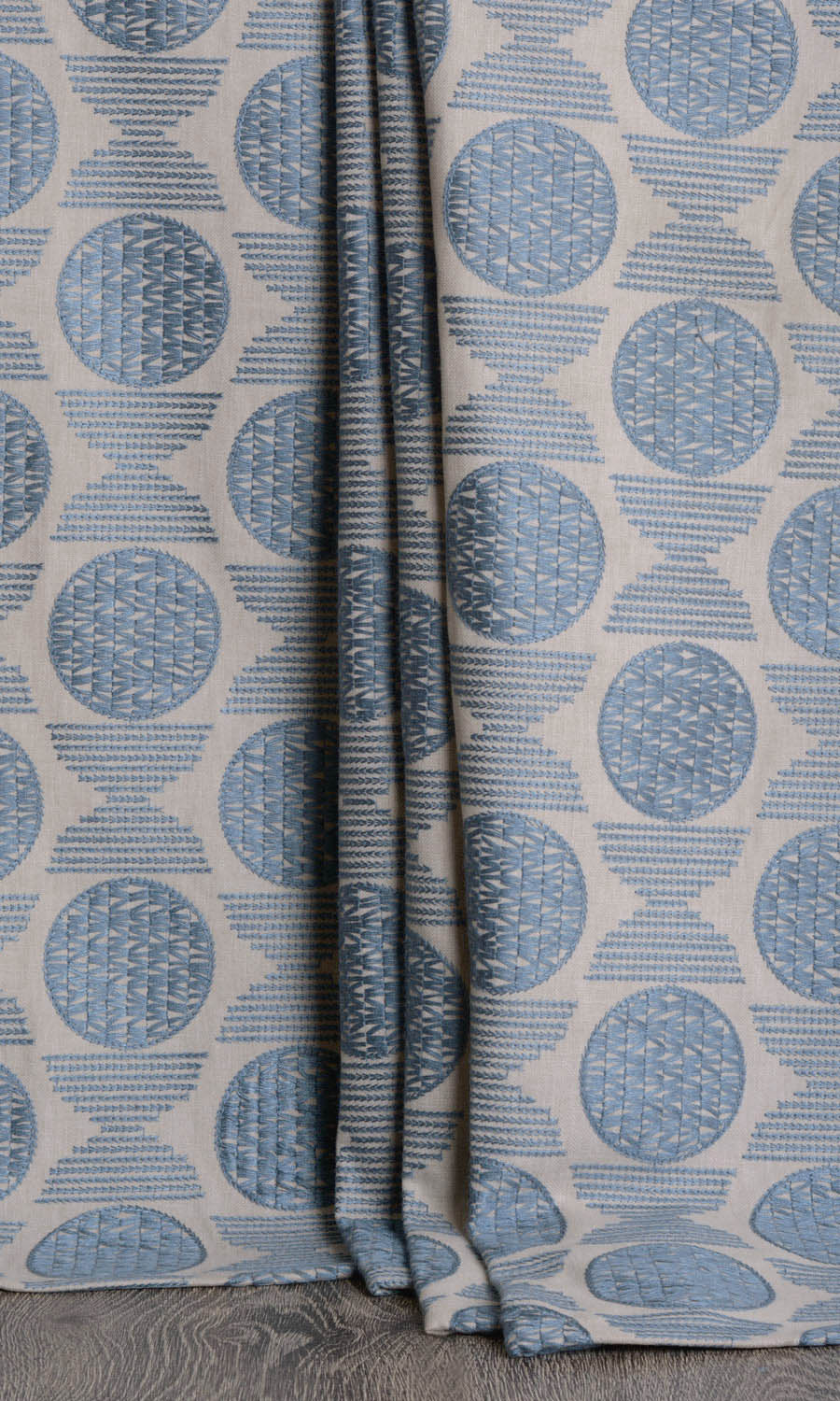 Embroidered Cotton Window Treatments Fabric By the Yard (Beige/ Steel Blue)
