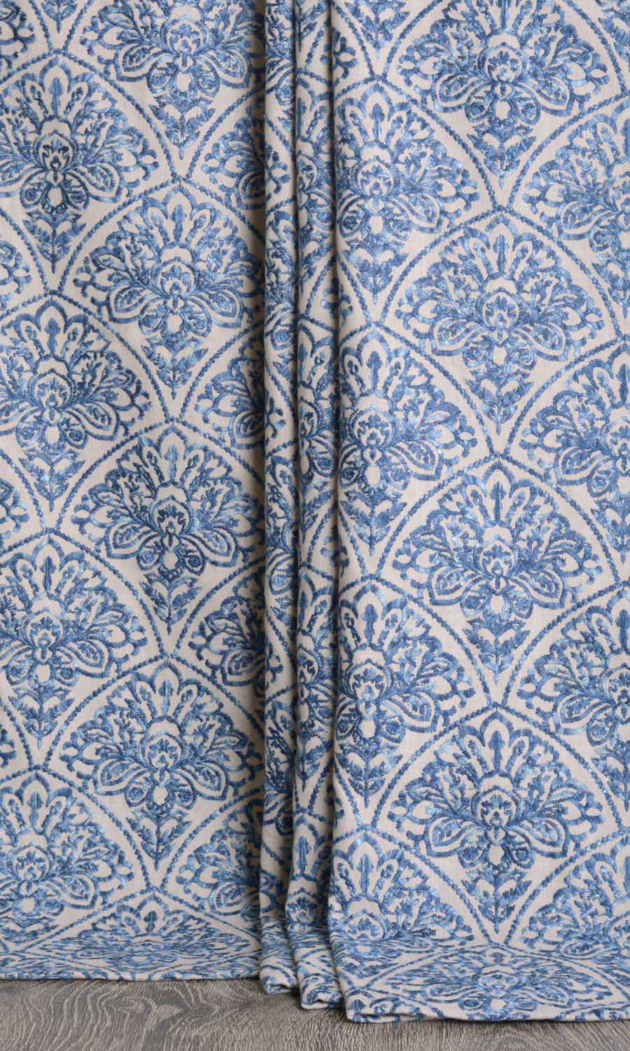 Embroidered Window Treatments Fabric By the Yard (Pale Beige/ Ink Blue)