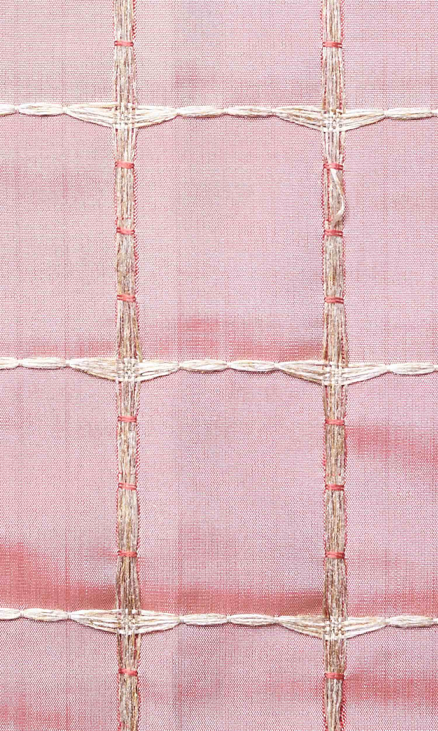 Embroidered Check Home Textile Fabric Material Sample (Coral Pink and Gold)