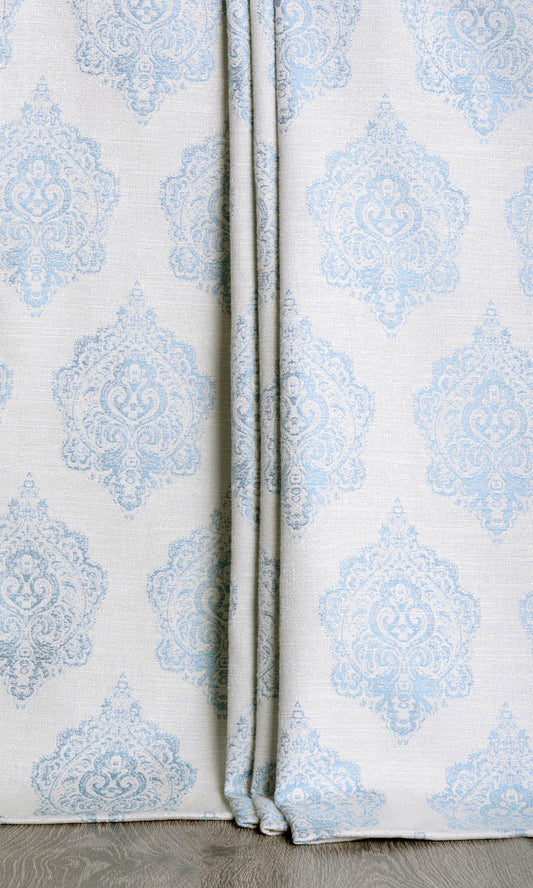 Damask Poly-Cotton Home Décor Fabric Sample (White/ Blue)