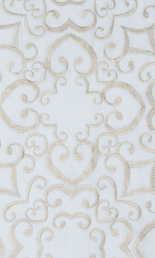 Floral Embroidered Linen Home Décor Fabric By the Metre (White/ Ivory)