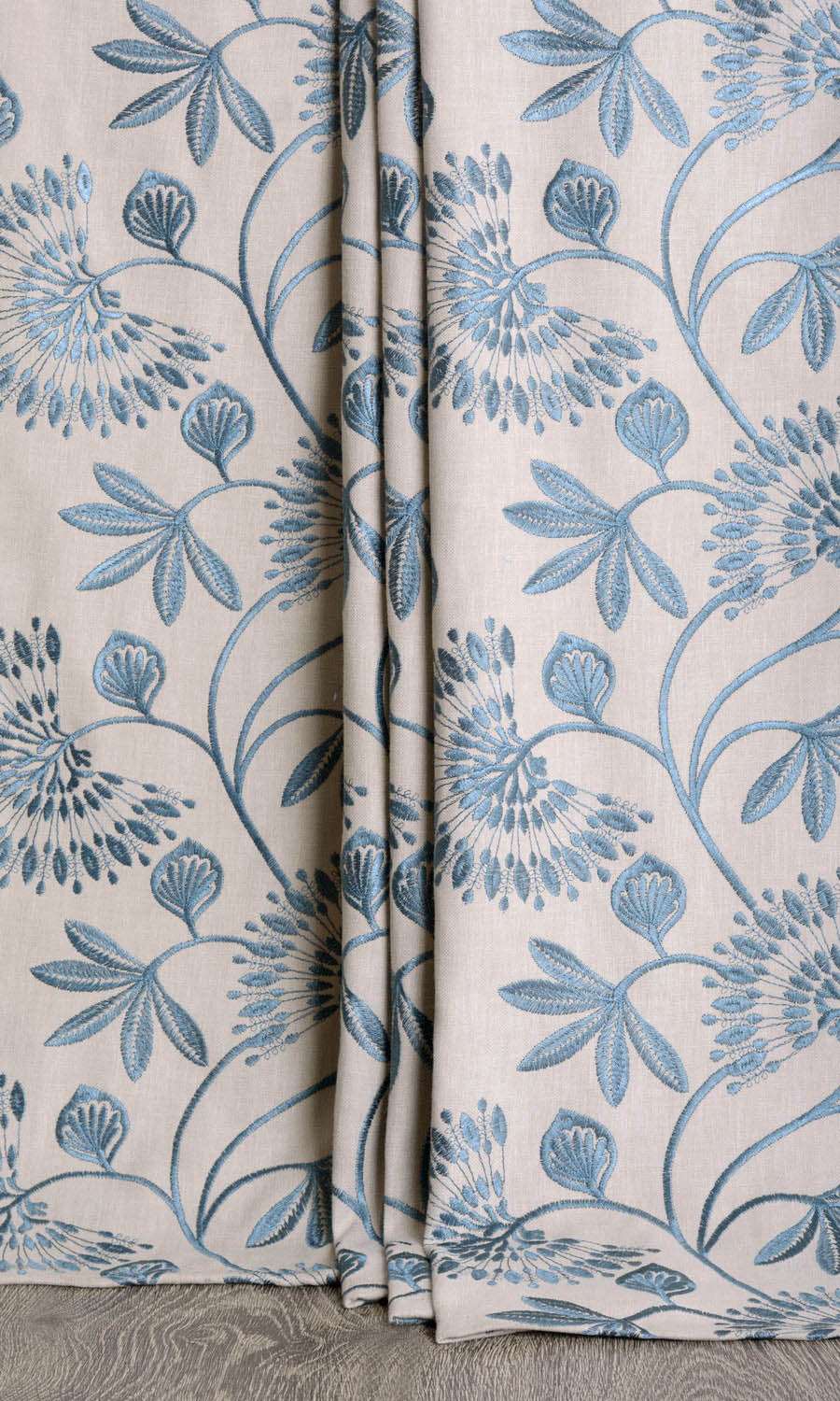 Vine Embroidered Window Treatments Fabric By the Yard (Pale Beige/ Ocean Blue)