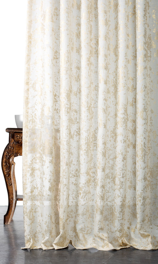 Metallic Print Semi-Sheer Home Décor Fabric By the Yard (White/ Golden)