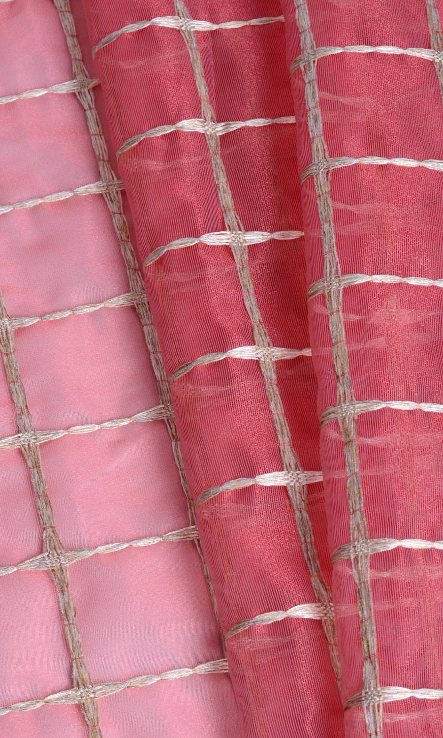 Checked Sheer Home Textile Fabric Material By the Metre (Coral Red/ Pink/ Gold)