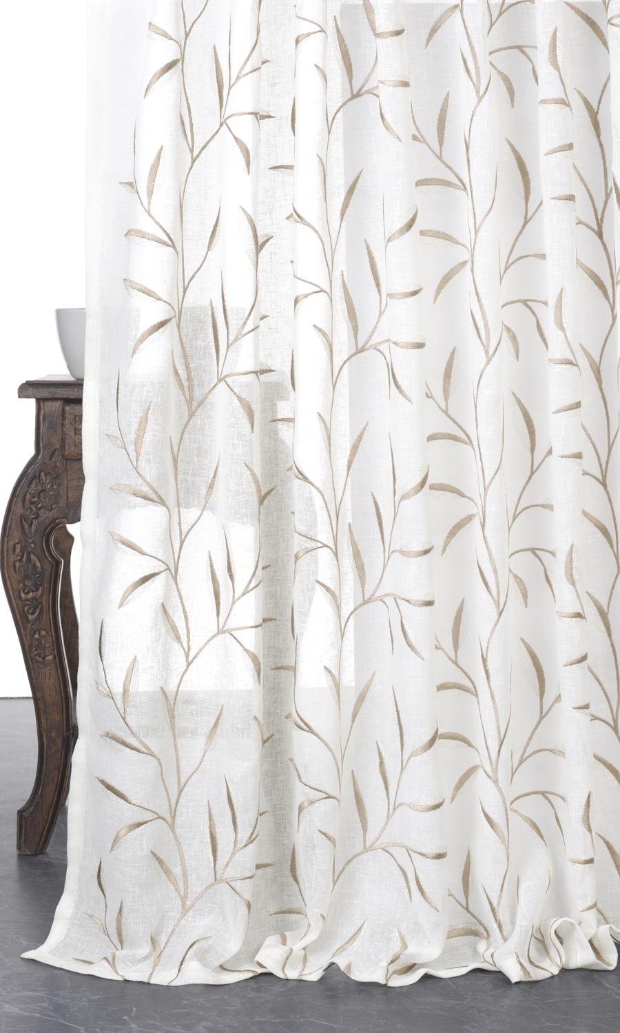 Sheer Floral Embroidered Home Décor Fabric By the Yard (White/ Brown)
