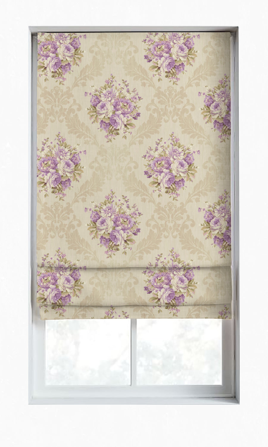 Dimout Floral Window Treatments Fabric Sample (Purple/ Ivory/ Grey)