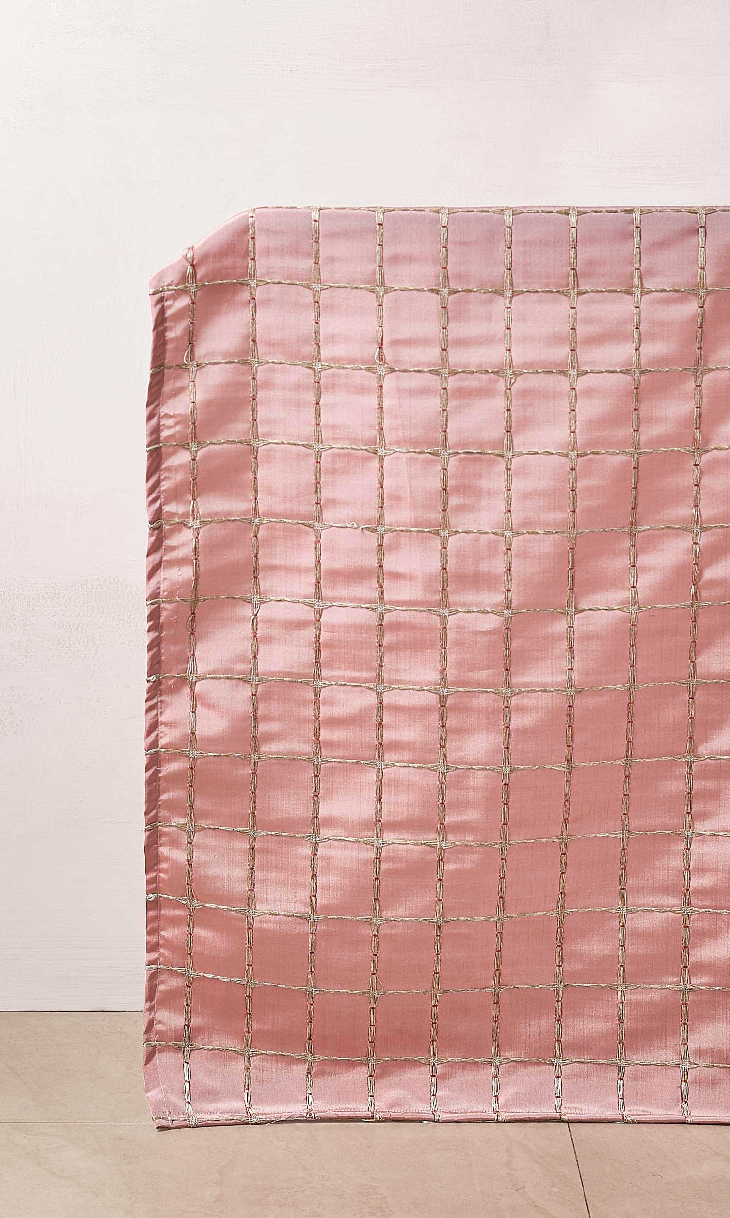 Embroidered Check Window Treatments Fabric By the Metre (Coral Pink and Gold)