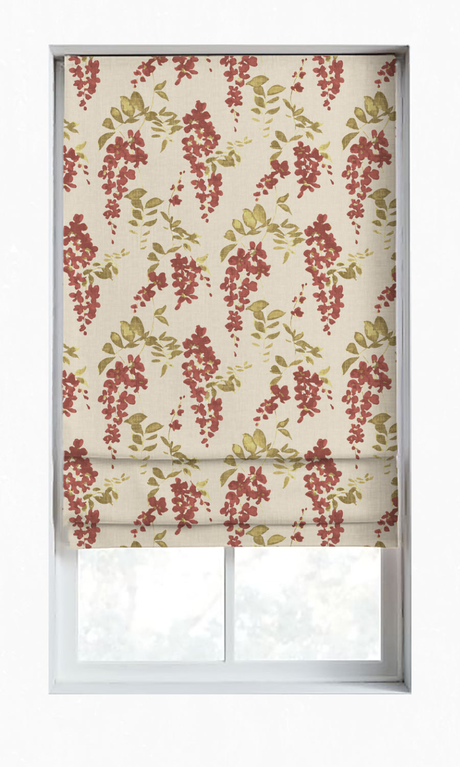 Dimout Floral Window Treatments Fabric By the Yard (Red/ Green/ Pale Grey)