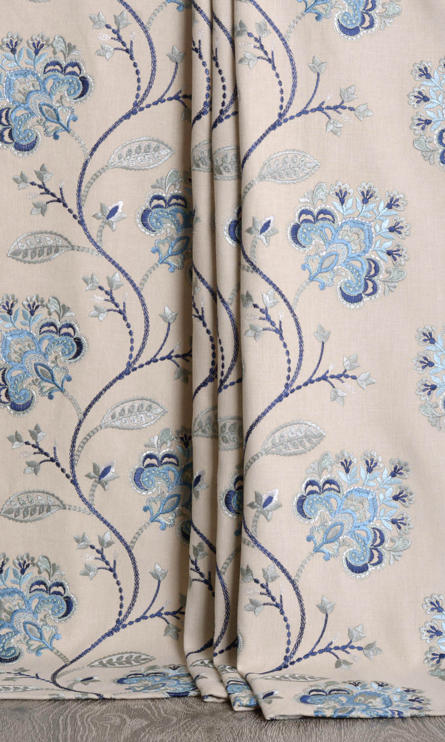 Floral Embroidered Cotton Home Décor Fabric By the Yard (Beige/ Blue)